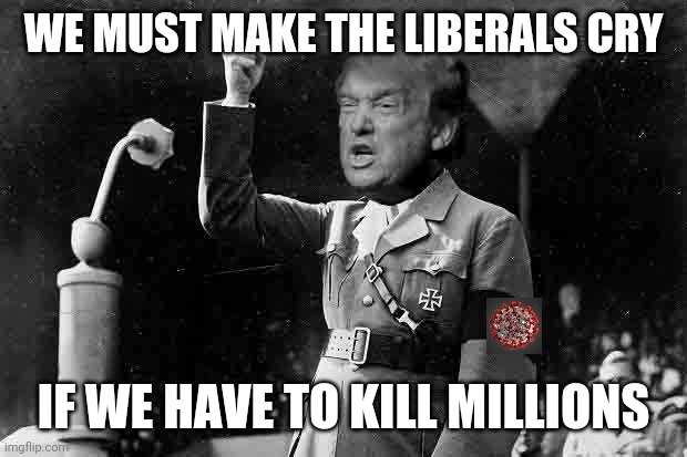 Trump Hitler | WE MUST MAKE THE LIBERALS CRY; IF WE HAVE TO KILL MILLIONS | image tagged in trump hitler | made w/ Imgflip meme maker
