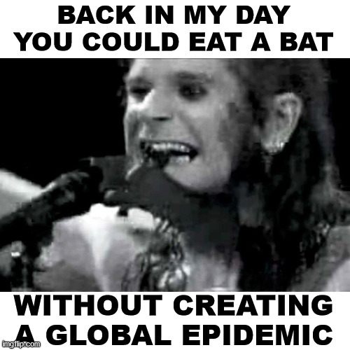 Ozzy biting bat | BACK IN MY DAY YOU COULD EAT A BAT; WITHOUT CREATING A GLOBAL EPIDEMIC | image tagged in ozzy biting bat | made w/ Imgflip meme maker