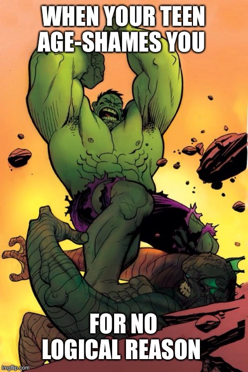 Hulk smash  | WHEN YOUR TEEN AGE-SHAMES YOU; FOR NO LOGICAL REASON | image tagged in hulk smash | made w/ Imgflip meme maker