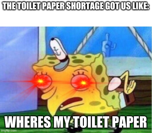Mocking Spongebob | THE TOILET PAPER SHORTAGE GOT US LIKE:; WHERES MY TOILET PAPER | image tagged in memes,mocking spongebob | made w/ Imgflip meme maker