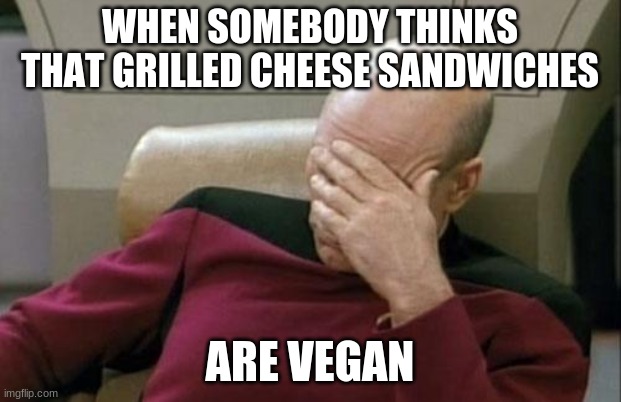 I suppose omelettes are vegan, too? | WHEN SOMEBODY THINKS THAT GRILLED CHEESE SANDWICHES; ARE VEGAN | image tagged in memes,captain picard facepalm,grilled cheese,sandwich,vegan,food | made w/ Imgflip meme maker