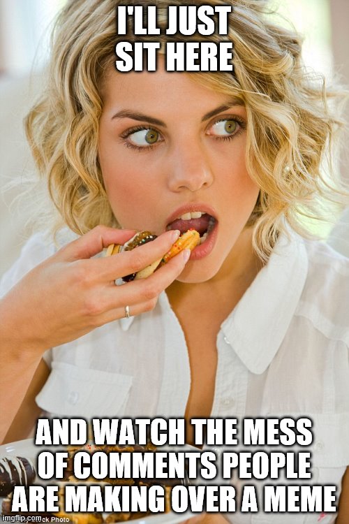 Cookie Thief | I'LL JUST SIT HERE AND WATCH THE MESS OF COMMENTS PEOPLE ARE MAKING OVER A MEME | image tagged in cookie thief | made w/ Imgflip meme maker