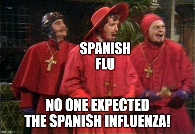 No one expects the Spanish Inquisition! | SPANISH FLU NO ONE EXPECTED THE SPANISH INFLUENZA! | image tagged in no one expects the spanish inquisition | made w/ Imgflip meme maker