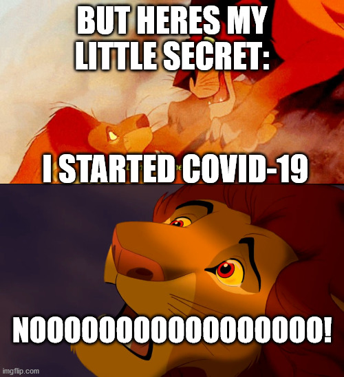 BUT HERES MY LITTLE SECRET:; I STARTED COVID-19; NOOOOOOOOOOOOOOOOO! | image tagged in lion king betrayal | made w/ Imgflip meme maker