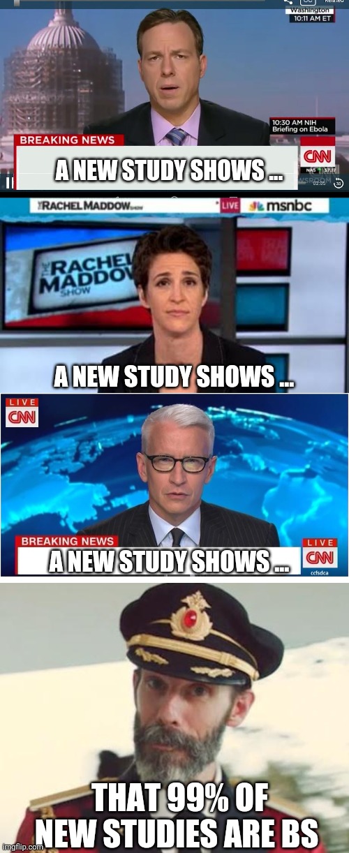 A NEW STUDY SHOWS ... A NEW STUDY SHOWS ... A NEW STUDY SHOWS ... THAT 99% OF NEW STUDIES ARE BS | image tagged in captain obvious,cnn breaking news template,msnbc news,cnn breaking news anderson cooper | made w/ Imgflip meme maker