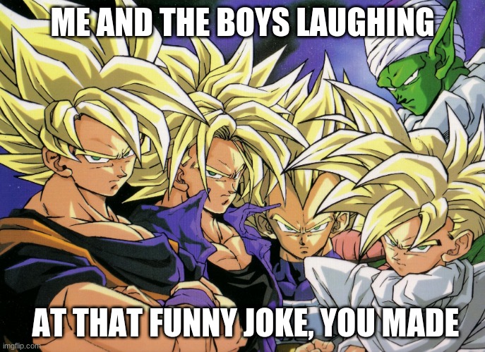 dbz homies | ME AND THE BOYS LAUGHING; AT THAT FUNNY JOKE, YOU MADE | image tagged in funny memes,anime | made w/ Imgflip meme maker