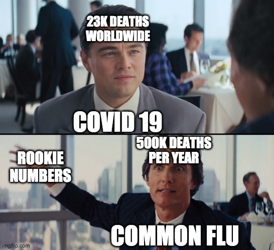 rookie numbers | 23K DEATHS WORLDWIDE; COVID 19; 500K DEATHS PER YEAR; ROOKIE NUMBERS; COMMON FLU | image tagged in rookie numbers | made w/ Imgflip meme maker