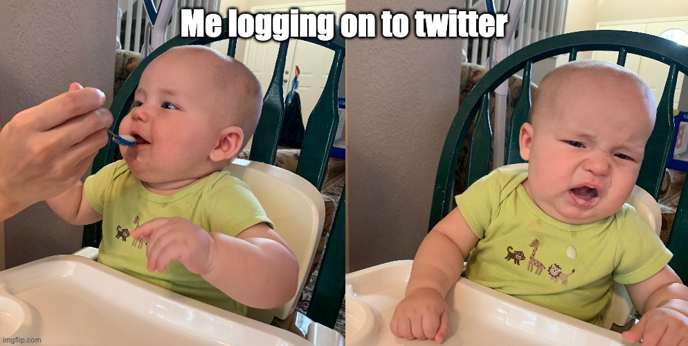 Me logging on to twitter | image tagged in twitter,baby,angry baby | made w/ Imgflip meme maker