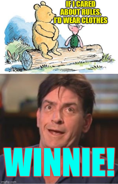 IF I CARED ABOUT RULES, I'D WEAR CLOTHES WINNIE! | image tagged in charlie sheen,winnie the pooh and piglet | made w/ Imgflip meme maker