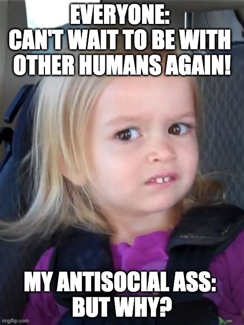 Antisocial | EVERYONE: 
CAN'T WAIT TO BE WITH 
OTHER HUMANS AGAIN! MY ANTISOCIAL ASS: 
BUT WHY? | image tagged in little girl,antisocial | made w/ Imgflip meme maker