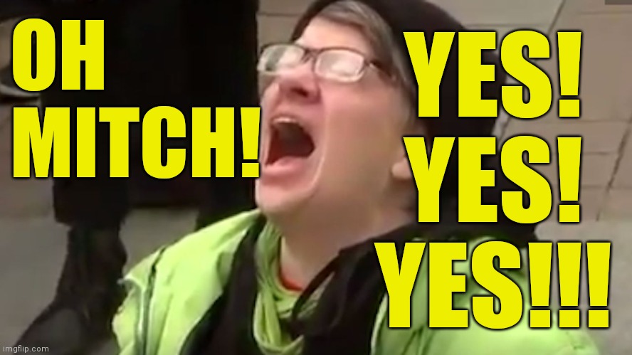 When Mitch give you what you need ( : | OH MITCH! YES! YES! YES!!! | image tagged in screaming liberal,memes,oh mitch baby,all night long | made w/ Imgflip meme maker