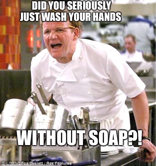 Chef Gordon Ramsay Meme | DID YOU SERIOUSLY JUST WASH YOUR HANDS; WITHOUT SOAP?! | image tagged in memes,chef gordon ramsay | made w/ Imgflip meme maker