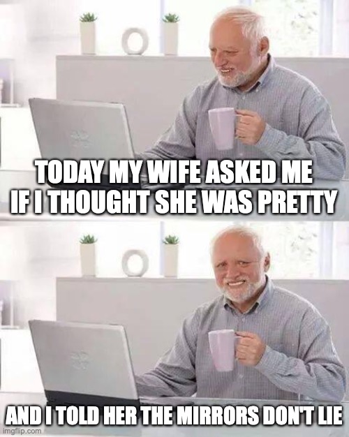 Big oof | TODAY MY WIFE ASKED ME IF I THOUGHT SHE WAS PRETTY; AND I TOLD HER THE MIRRORS DON'T LIE | image tagged in memes,hide the pain harold | made w/ Imgflip meme maker