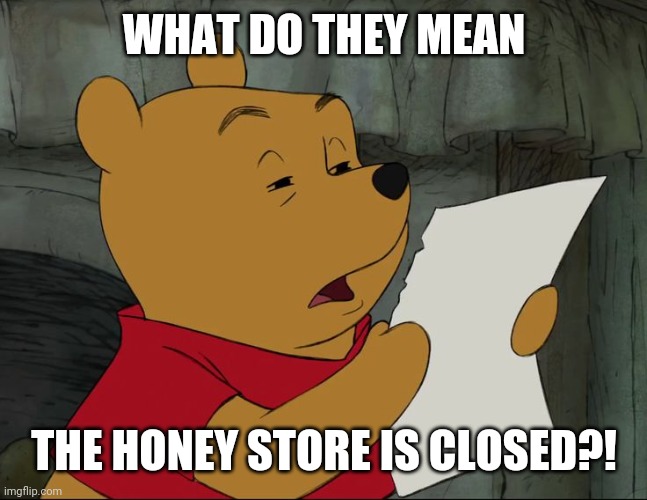 Winnie The Pooh | WHAT DO THEY MEAN THE HONEY STORE IS CLOSED?! | image tagged in winnie the pooh | made w/ Imgflip meme maker