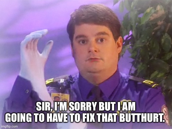 TSA Douche |  SIR, I’M SORRY BUT I AM GOING TO HAVE TO FIX THAT BUTTHURT. | image tagged in memes,tsa douche | made w/ Imgflip meme maker