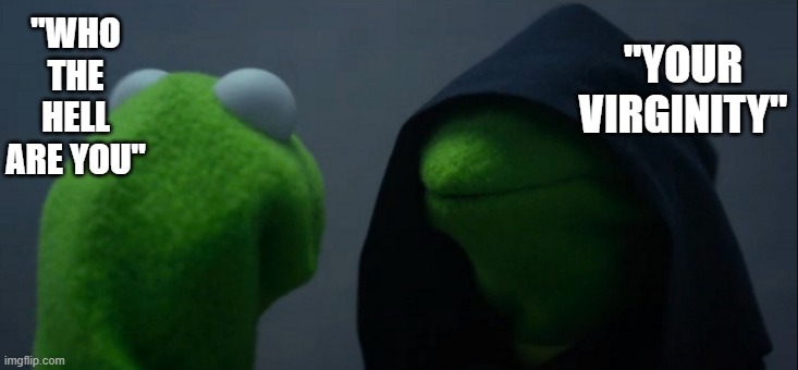 Evil Kermit Meme | "YOUR VIRGINITY"; "WHO THE HELL ARE YOU" | image tagged in memes,evil kermit | made w/ Imgflip meme maker