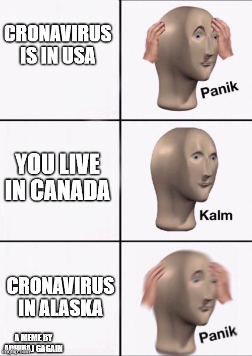 adhiraj gagain meme | CRONAVIRUS IS IN USA; YOU LIVE IN CANADA; CRONAVIRUS IN ALASKA; A MEME BY ADHIRAJ GAGAIN | image tagged in panik kalm panik | made w/ Imgflip meme maker