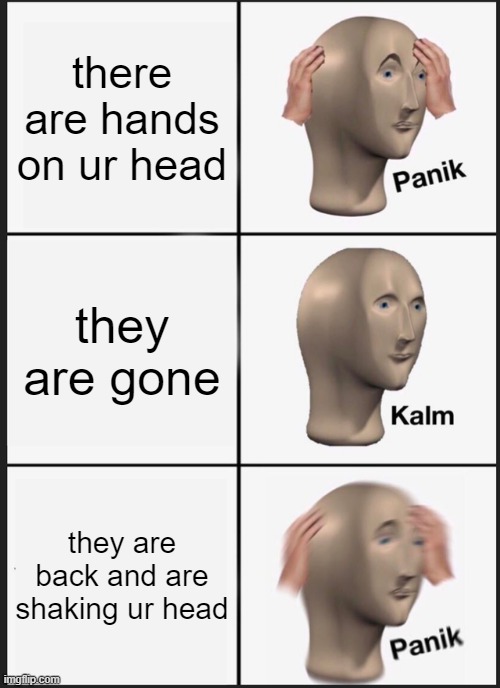 adhiraj gagain meme | there are hands on ur head; they are gone; they are back and are shaking ur head | image tagged in memes,panik kalm panik | made w/ Imgflip meme maker