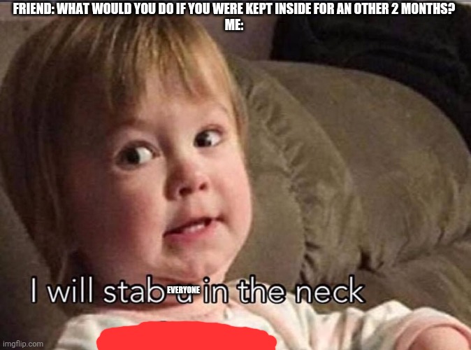 stab you in the neck | FRIEND: WHAT WOULD YOU DO IF YOU WERE KEPT INSIDE FOR AN OTHER 2 MONTHS?
ME:; EVERYONE | image tagged in stab you in the neck | made w/ Imgflip meme maker