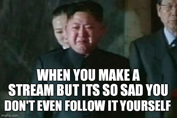 Kim Jong Un Sad | WHEN YOU MAKE A STREAM BUT ITS SO SAD YOU; DON'T EVEN FOLLOW IT YOURSELF | image tagged in memes,kim jong un sad | made w/ Imgflip meme maker