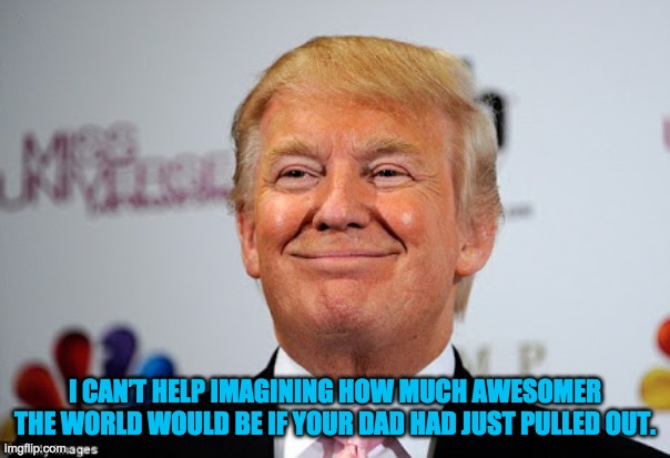 Donald trump approves | I CAN’T HELP IMAGINING HOW MUCH AWESOMER THE WORLD WOULD BE IF YOUR DAD HAD JUST PULLED OUT. | image tagged in donald trump approves | made w/ Imgflip meme maker