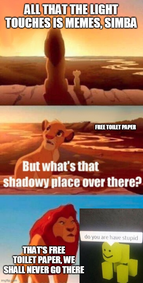 Simba Shadowy Place | ALL THAT THE LIGHT TOUCHES IS MEMES, SIMBA; FREE TOILET PAPER; THAT'S FREE TOILET PAPER, WE SHALL NEVER GO THERE | image tagged in memes,simba shadowy place | made w/ Imgflip meme maker