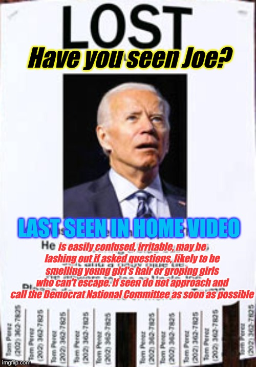 Lost , you know the thing. | Have you seen Joe? is easily confused, irritable, may be lashing out if asked questions, likely to be smelling young girl's hair or groping girls who can't escape. If seen do not approach and call the Democrat National Committee as soon as possible; LAST SEEN IN HOME VIDEO | image tagged in lost biden | made w/ Imgflip meme maker