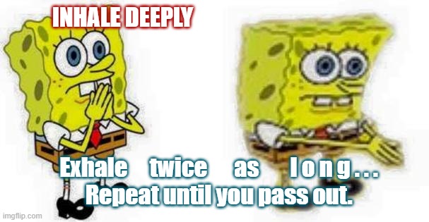 Spongebob *Inhale* Boi | INHALE DEEPLY; Exhale     twice      as       l o n g . . .
Repeat until you pass out. | image tagged in spongebob inhale boi | made w/ Imgflip meme maker