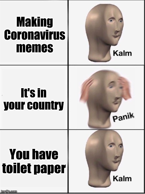 Reverse kalm panik | Making Coronavirus memes; It's in your country; You have toilet paper | image tagged in reverse kalm panik | made w/ Imgflip meme maker