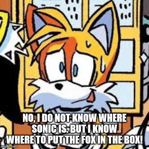 confused tails | NO, I DO NOT KNOW WHERE SONIC IS. BUT I KNOW WHERE TO PUT THE FOX IN THE BOX! | image tagged in confused tails | made w/ Imgflip meme maker