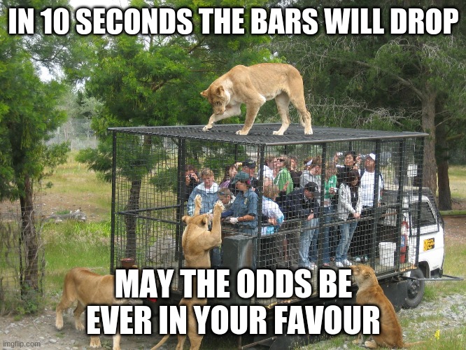 Lion cage people | IN 10 SECONDS THE BARS WILL DROP; MAY THE ODDS BE EVER IN YOUR FAVOUR | image tagged in lion cage people | made w/ Imgflip meme maker