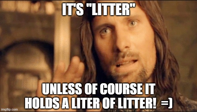 Aragorn Correcting Spelling and Grammar | IT'S "LITTER" UNLESS OF COURSE IT HOLDS A LITER OF LITTER!  =) | image tagged in aragorn correcting spelling and grammar | made w/ Imgflip meme maker