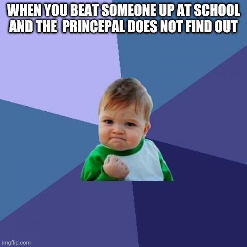 Success Kid Meme | WHEN YOU BEAT SOMEONE UP AT SCHOOL AND THE  PRINCEPAL DOES NOT FIND OUT | image tagged in memes,success kid | made w/ Imgflip meme maker