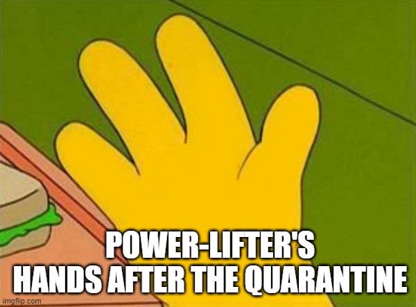 lenny white carl black homer simpsons' hand | POWER-LIFTER'S HANDS AFTER THE QUARANTINE | image tagged in lenny white carl black homer simpsons' hand | made w/ Imgflip meme maker