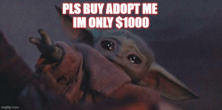 Baby yoda cry | PLS BUY ADOPT ME 
IM ONLY $1000 | image tagged in baby yoda cry | made w/ Imgflip meme maker