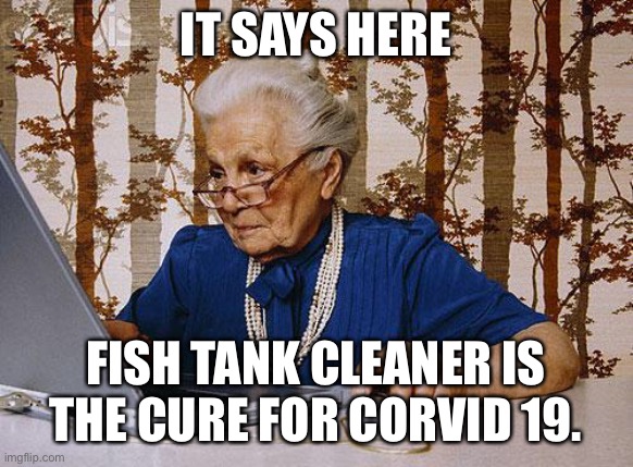 Old woman at pc | IT SAYS HERE; FISH TANK CLEANER IS THE CURE FOR CORVID 19. | image tagged in old woman at pc | made w/ Imgflip meme maker