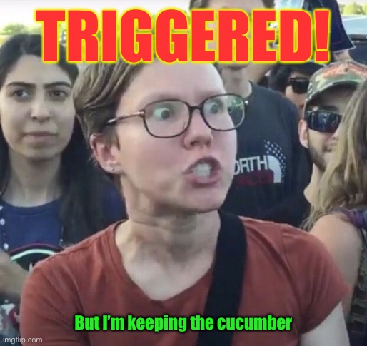 Triggered feminist | TRIGGERED! But I’m keeping the cucumber | image tagged in triggered feminist | made w/ Imgflip meme maker