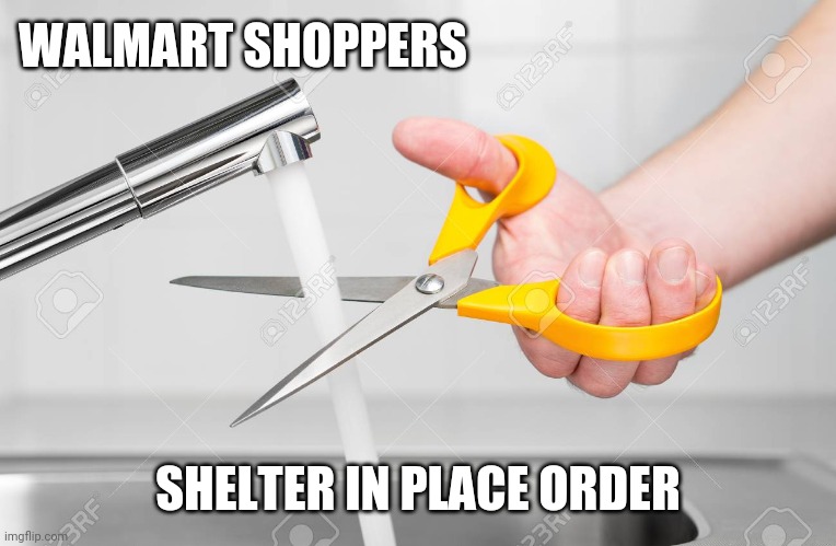 cutting water with scissors | WALMART SHOPPERS; SHELTER IN PLACE ORDER | image tagged in cutting water with scissors | made w/ Imgflip meme maker