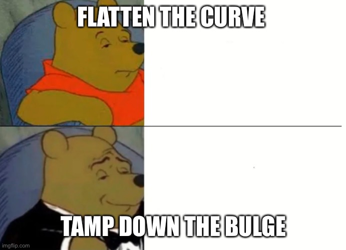 Fancy Winnie The Pooh Meme | FLATTEN THE CURVE; TAMP DOWN THE BULGE | image tagged in fancy winnie the pooh meme | made w/ Imgflip meme maker