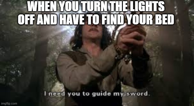 WHEN YOU TURN THE LIGHTS OFF AND HAVE TO FIND YOUR BED | image tagged in funny,memes,inigo montoya | made w/ Imgflip meme maker