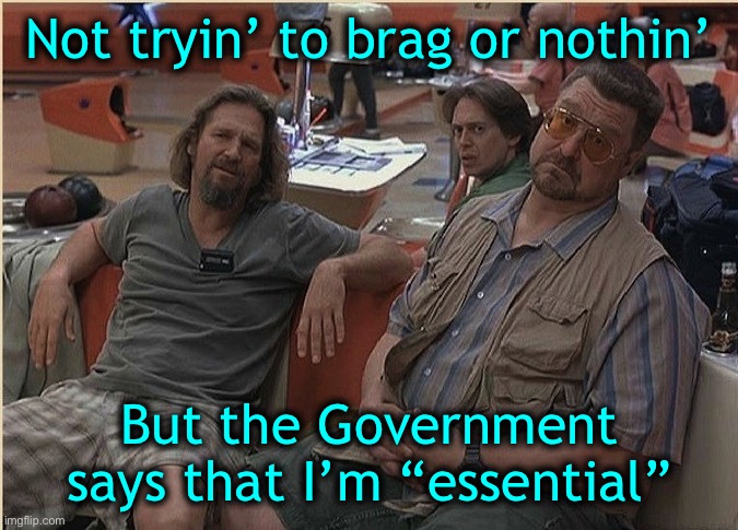 “Essential” - whatever! Just grateful to be working:) | Not tryin’ to brag or nothin’; But the Government says that I’m “essential” | image tagged in essential workers,essential vs staying home,grateful for a job | made w/ Imgflip meme maker