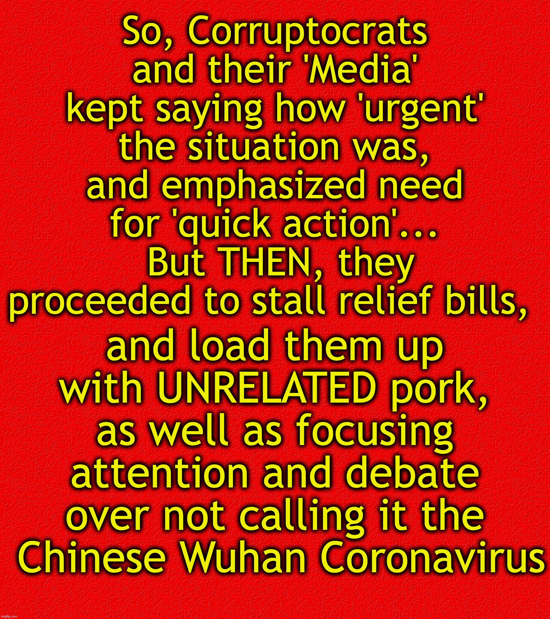 So, Corruptocrats and their 'Media' kept saying how 'urgent' the situation was, and emphasized need for 'quick action'...
 But THEN, they proceeded to stall relief bills, and load them up with UNRELATED pork, as well as focusing attention and debate over not calling it the
 Chinese Wuhan Coronavirus | image tagged in rectangle red box | made w/ Imgflip meme maker
