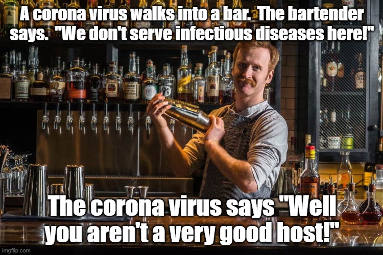 A corona virus walks into a bar.  The bartender says.  "We don't serve infectious diseases here!"; The corona virus says "Well you aren't a very good host!" | made w/ Imgflip meme maker