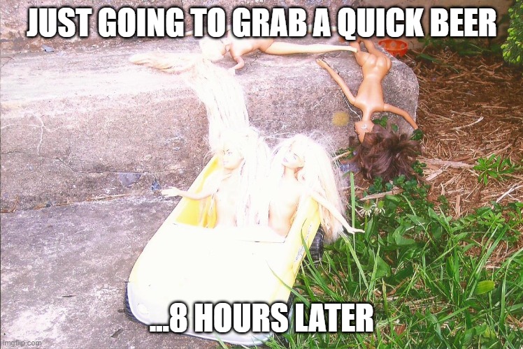 JUST GOING TO GRAB A QUICK BEER; ...8 HOURS LATER | image tagged in alcohol | made w/ Imgflip meme maker
