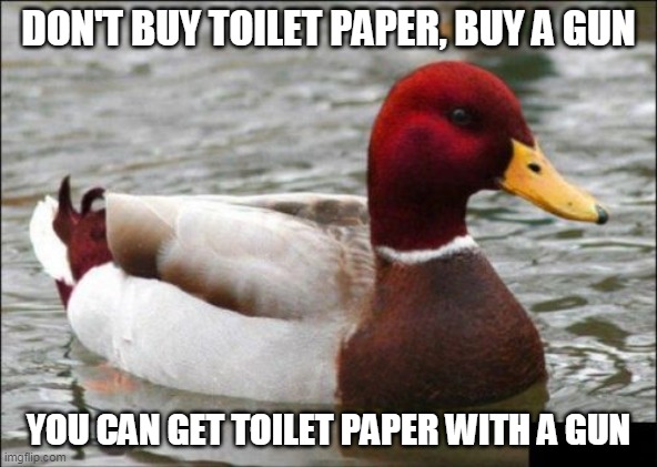 Malicious Advice Mallard Meme | DON'T BUY TOILET PAPER, BUY A GUN; YOU CAN GET TOILET PAPER WITH A GUN | image tagged in memes,malicious advice mallard | made w/ Imgflip meme maker