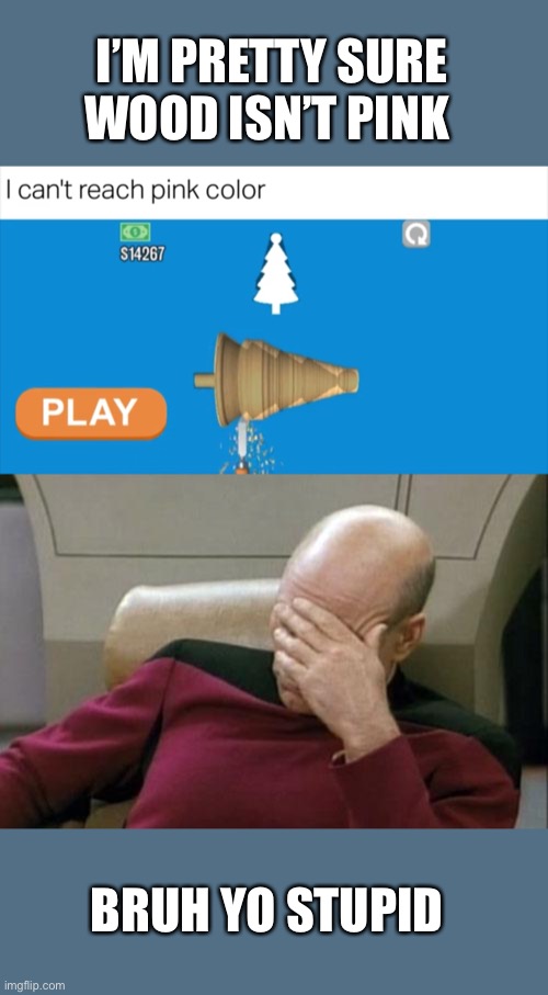 I’M PRETTY SURE WOOD ISN’T PINK; BRUH YO STUPID | image tagged in memes,captain picard facepalm | made w/ Imgflip meme maker