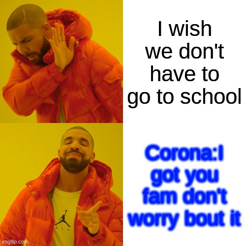 Drake Hotline Bling Meme | I wish we don't have to go to school; Corona:I got you fam don't worry bout it | image tagged in memes,drake hotline bling | made w/ Imgflip meme maker