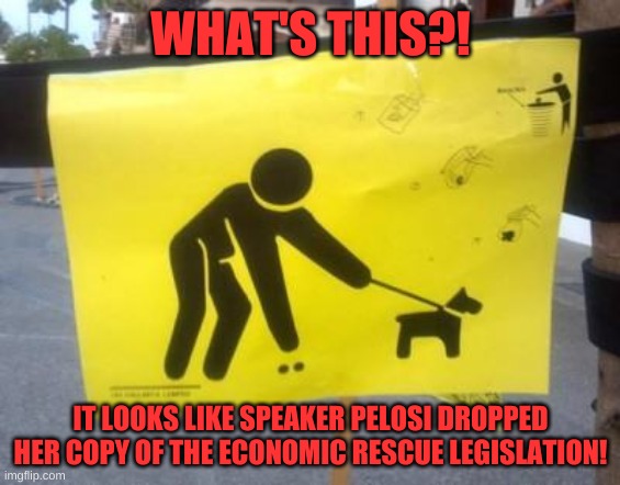 Look the pages have been pre-torn........ | WHAT'S THIS?! IT LOOKS LIKE SPEAKER PELOSI DROPPED HER COPY OF THE ECONOMIC RESCUE LEGISLATION! | image tagged in pick it up but don't step in it | made w/ Imgflip meme maker