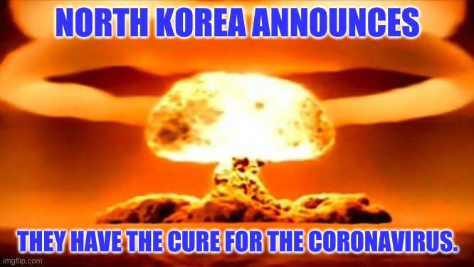 Finally! Someone showing bold leadership! | NORTH KOREA ANNOUNCES; THEY HAVE THE CURE FOR THE CORONAVIRUS. | image tagged in atomic bomb | made w/ Imgflip meme maker