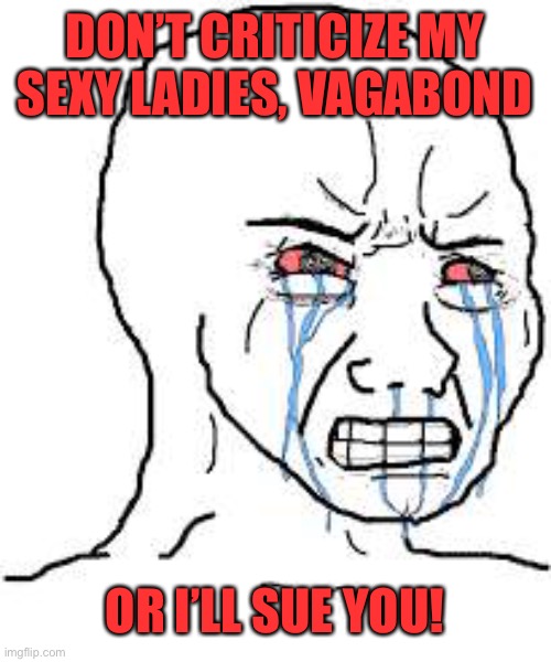 Wojak  | DON’T CRITICIZE MY SEXY LADIES, VAGABOND OR I’LL SUE YOU! | image tagged in wojak | made w/ Imgflip meme maker
